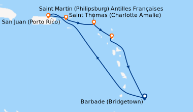 Itinéraire de la croisière Barbade (Bridgetown), En mer, San Juan (Porto...