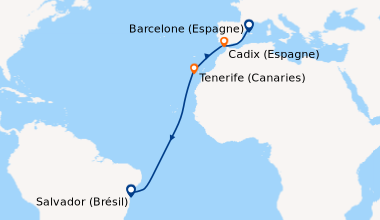Itinéraire de la croisière Barcelone (Espagne), En mer, Cadix (Espagne),...
