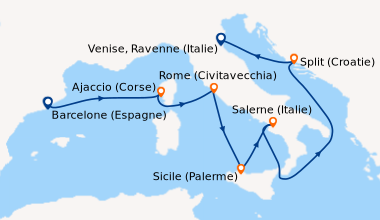 Itinéraire de la croisière Barcelone (Espagne), Ajaccio (Corse), Rome (C...