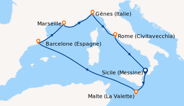Itinéraire de la croisière Sicile (Messine), Malte (La Valette), En mer,...