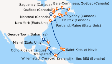 Itinéraire de la croisière Montreal (Canada), Québec (Canada), Saguenay ...