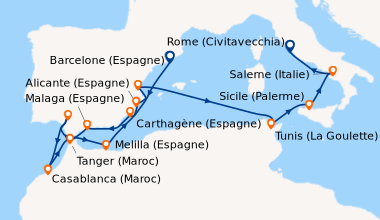 Itinéraire de la croisière Barcelone (Espagne), Carthagène (Espagne), Ma...