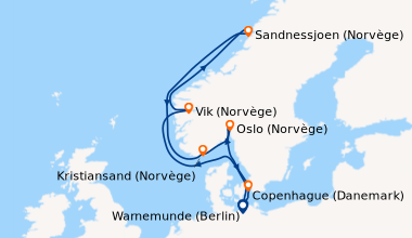 Itinéraire de la croisière Warnemunde (Berlin), En mer, Vik (Norvège), S...