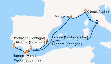 Itinéraire de la croisière Rome (Civitavecchia), Gênes (Italie), Marseil...