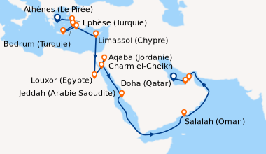 Itinéraire de la croisière Athènes (Le Pirée), Ephèse (Turquie), Bodrum ...