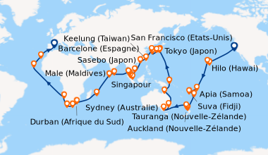 Itinéraire de la croisière États-Unis, Hawaii, Fiji, Tonga, Nouvelle-Zélande, Australie, Japon, Corée du Sud, Taïwan, Chine, Singapour, Malaisie