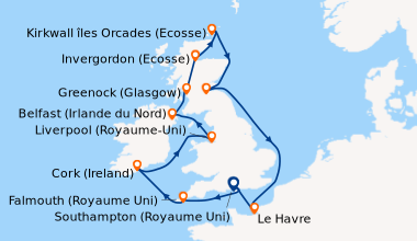 Itinéraire de la croisière Southampton (Royaume Uni) , Falmouth (Royaume...