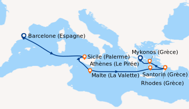 Itinéraire de la croisière Barcelone (Espagne), En mer, Sicile (Palerme)...