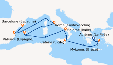 Itinéraire de la croisière Athènes (Le Pirée), Mykonos (Grèce), En mer, ...