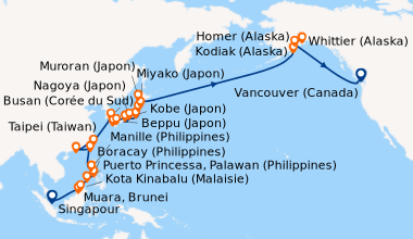 Itinéraire de la croisière Singapour, Singapour, En mer, Muara, Brunei, ...