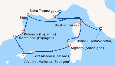 Itinéraire de la croisière Nice, Saint-Tropez, Bastia (Corse), Alghero (...