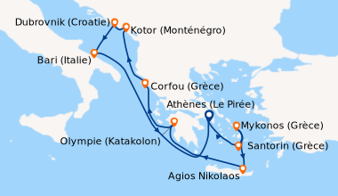 Itinéraire de la croisière Athènes (Le Pirée), Mykonos (Grèce), Santorin...