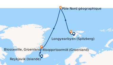 Itinéraire de la croisière Le pôle Nord géographique et côte est du Groenland