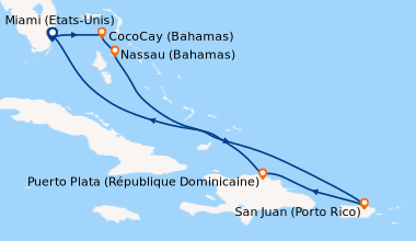 Itinéraire de la croisière Miami (Etats-Unis), CocoCay (Bahamas), Nassau...
