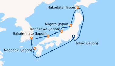 Itinéraire de la croisière Tokyo (Japon), En mer, Hakodate (Japon), Niig...