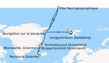 Itinéraire de la croisière Le pôle Nord géographique et côte est du Groenland