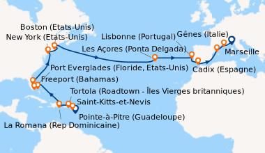 Itinéraire de la croisière Antilles, Iles Vierges, Rép.Dominicaine, Bahamas, Floride (USA), États-Unis, Açores, Portugal, Espagne, France, Italie