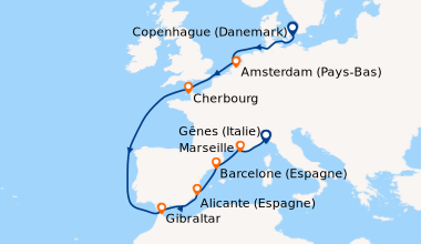 Itinéraire de la croisière Copenhague (Danemark), En mer, Amsterdam (Pay...