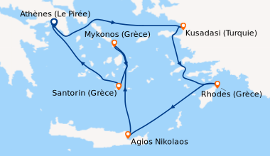 Itinéraire de la croisière Athènes (Le Pirée), Kusadasi (Turquie), Rhode...