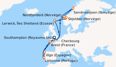 Itinéraire de la croisière Southampton (Royaume Uni), Brest (France), En...