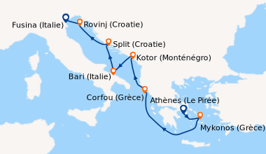 Itinéraire de la croisière Athènes (Le Pirée), Mykonos (Grèce), En mer, ...