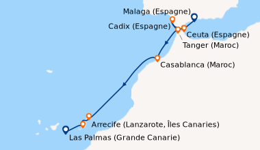 Itinéraire de la croisière Malaga (Espagne), Cadix (Espagne), Tanger (Ma...