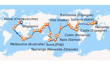 Itinéraire de la croisière Italie, France, Espagne, Portugal, Açores, États-Unis, Floride (USA), Panama, États-Unis, Hawaii, Nouvelle-Zélande, Australie