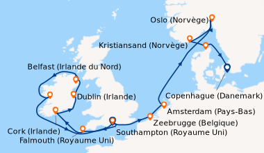 Itinéraire de la croisière Southampton (Royaume Uni) , Falmouth (Royaume...