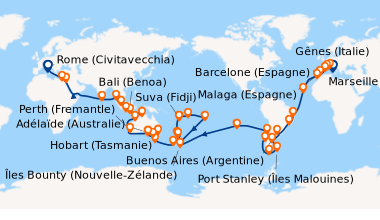 Itinéraire de la croisière Rome (Civitavecchia), Gênes (Italie), Marseil...