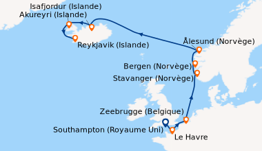 Itinéraire de la croisière Southampton (Royaume Uni), Le Havre, Zeebrugg...