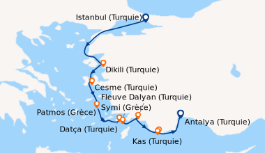 Itinéraire de la croisière Istanbul (Turquie), En mer, Dikili (Turquie),...