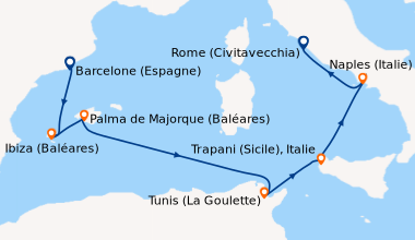 Itinéraire de la croisière Barcelone (Espagne), Ibiza (Baléares), Palma ...