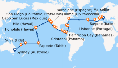 Itinéraire de la croisière Italie, France, Espagne, Portugal, Açores, États-Unis, Floride (USA), Mexique, États-Unis, Hawaii, Polynésie, Fiji, Australie