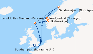 Itinéraire de la croisière Southampton (Royaume Uni) , En mer, Lerwick, ...