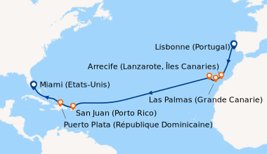 Itinéraire de la croisière Lisbonne (Portugal), En mer, Arrecife (Lanzar...