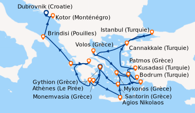 Itinéraire de la croisière Athènes (Le Pirée), Monemvasia (Grèce), Agios...