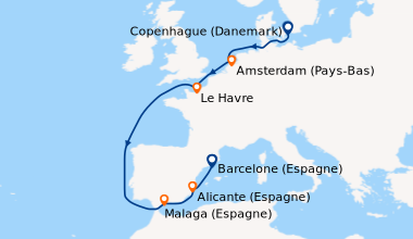 Itinéraire de la croisière Copenhague (Danemark), En mer, Amsterdam (Pay...