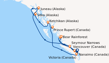 Itinéraire de la croisière Vancouver (Canada), Alaska Inside Passage, Ju...