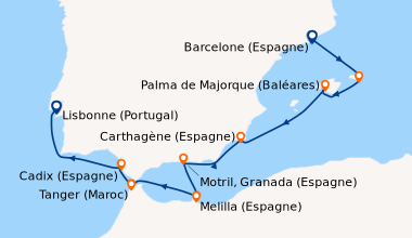 Itinéraire de la croisière Barcelone (Espagne), Port Mahon (Baléares), C...