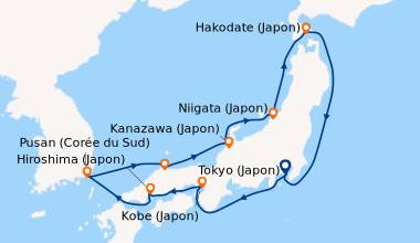 Itinéraire de la croisière Tokyo (Japon), En mer, Kobe (Japon), Kobe (Ja...