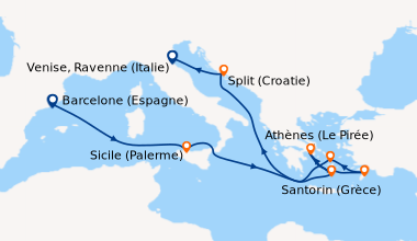 Itinéraire de la croisière Barcelone (Espagne), En mer, Sicile (Palerme)...