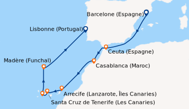 Itinéraire de la croisière Barcelone (Espagne), En mer, Ceuta (Espagne),...