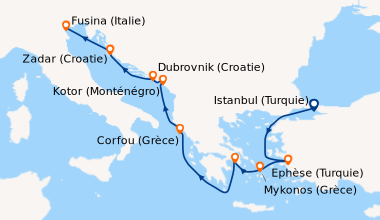 Itinéraire de la croisière Istanbul (Turquie), En mer, Izmir (Turquie), ...