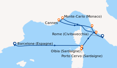 Itinéraire de la croisière Barcelone (Espagne), En mer, Olbia (Sardaigne...