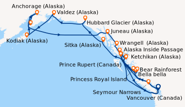 Itinéraire de la croisière Vancouver (Canada), Bella bella, Alaska Insid...