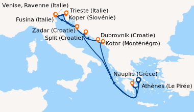 Itinéraire de la croisière Athènes (Le Pirée), Nauplie (Grèce), En mer, ...