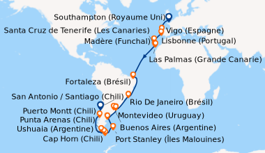 Itinéraire de la croisière Southampton (Royaume Uni), En mer, Vigo (Espa...