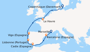 Itinéraire de la croisière Danemark, France, Espagne, Portugal