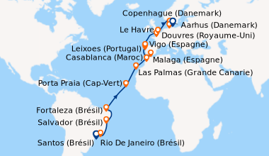 Itinéraire de la croisière Brésil, Canaries, Maroc, Espagne, Portugal, France, Grande-Bretagne, Danemark, Allemagne