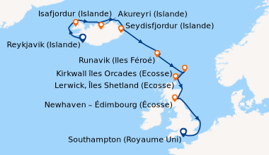 Itinéraire de la croisière Reykjavik (Islande), Isafjordur (Islande), Ak...